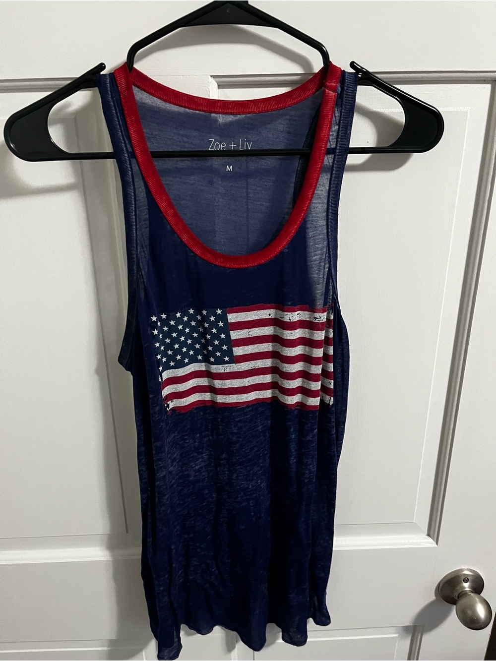 Zoe + Liv Navy Sleeveless Tank with American Flag and Red Trim - Picture 1 of 3